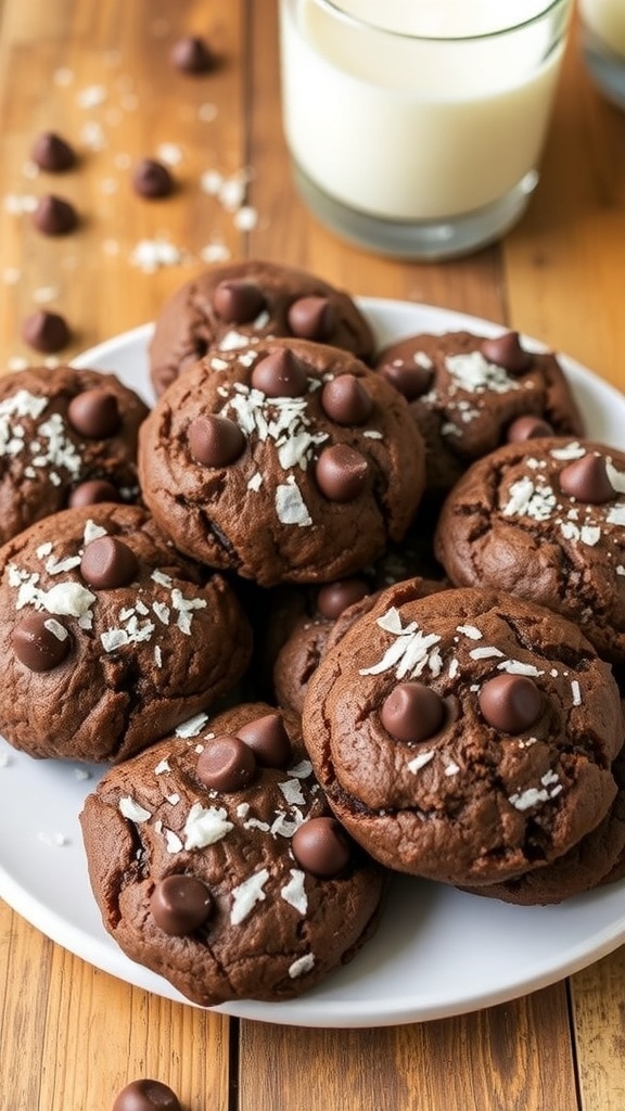 A plate of chocolate coconut cookies with shredded coconut and chocolate chips, accompanied by a glass of milk.